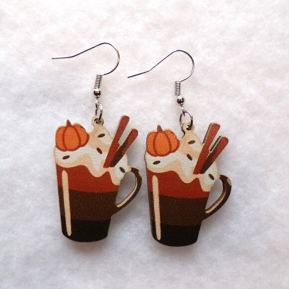 None Jewelry - Pumpkin Spice Coffee Earrings Wood Dangle